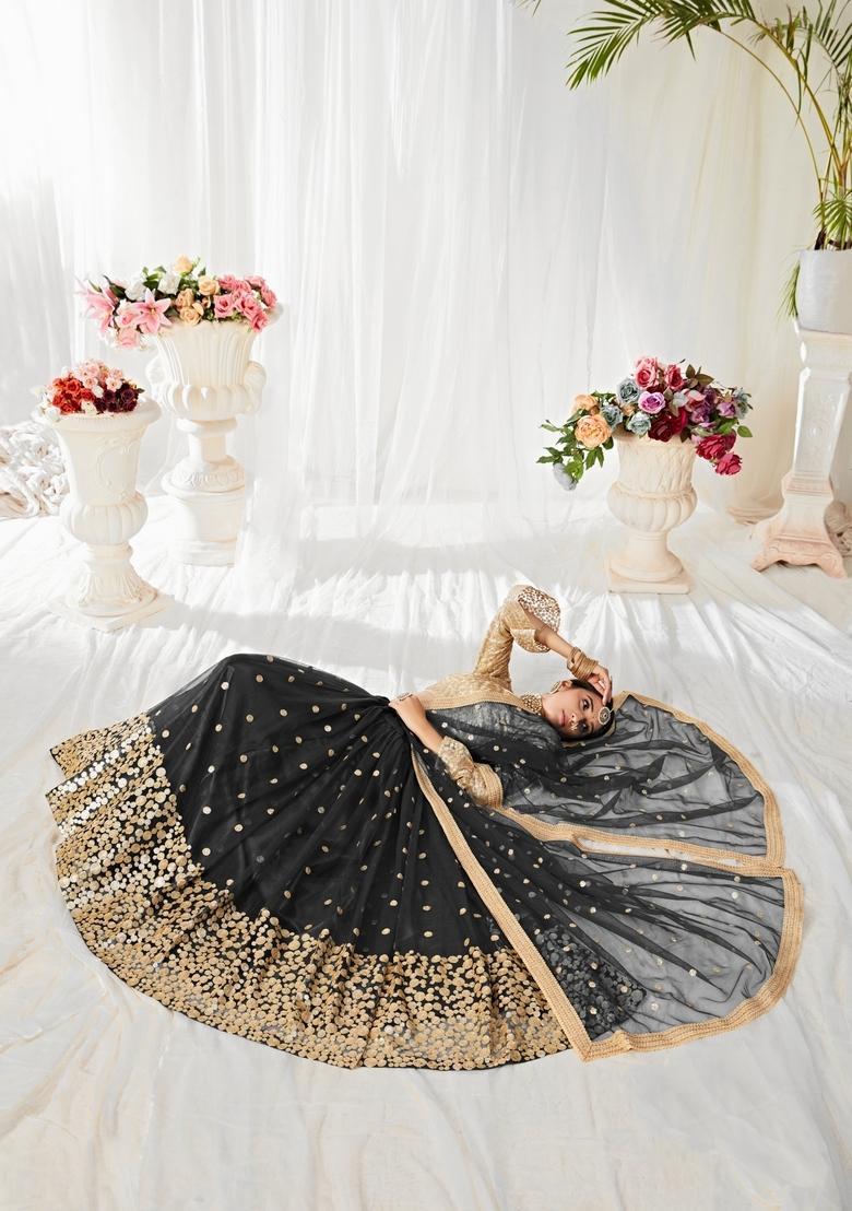 Black Embroidery Work Net Lehenga Set