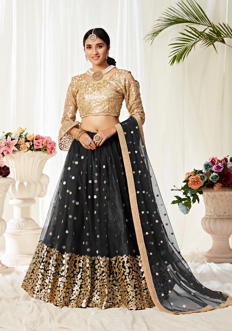 Black Embroidery Work Net Lehenga Set
