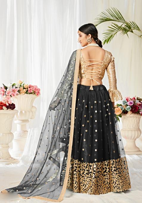 Black Embroidery Work Net Lehenga Set