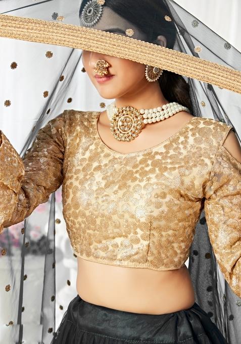 Black Embroidery Work Net Lehenga Set