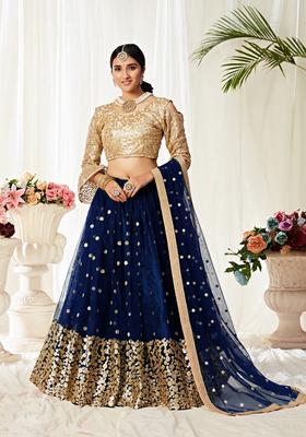 Navy Blue Embroidery Work Net Lehenga Set
