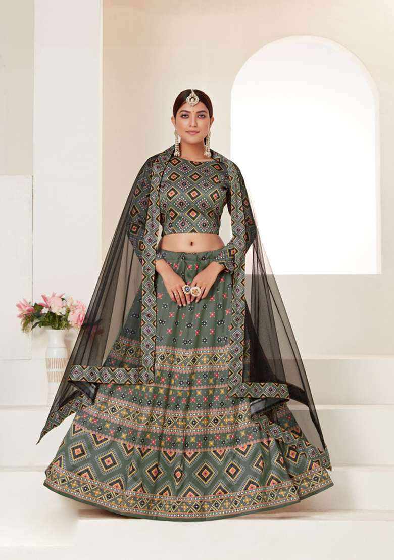Grey Digital Printed Silk Blend Lehenga Set for Diwali and Festive Wear - Indya