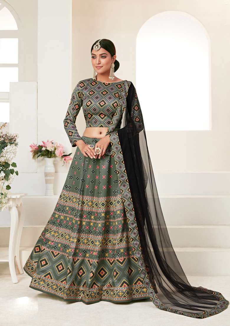 Grey Digital Printed Silk Blend Lehenga Set for Diwali and Festive Wear - Indya