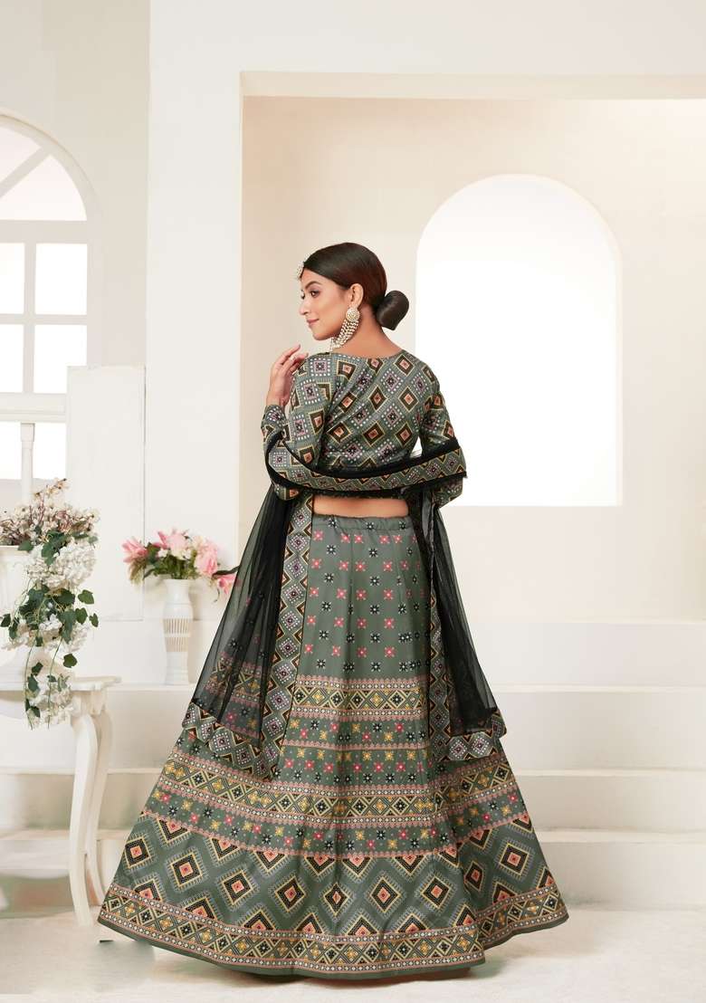 Grey Digital Printed Silk Blend Lehenga Set for Diwali and Festive Wear - Indya
