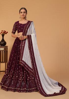 Purple Embroidery Work Georgette Lehenga Set
