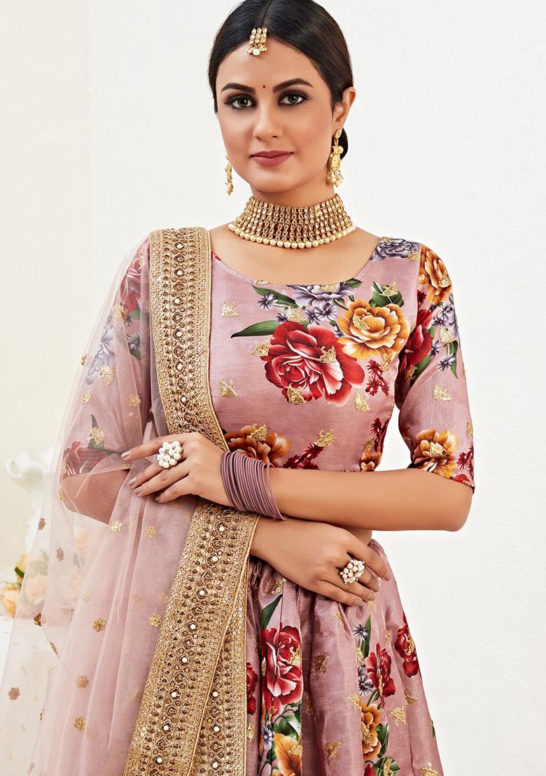 Rose Gold Embroidered Satin Lehenga Set - Indya
