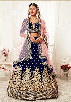 Blue Embroidered Velvet Lehenga Set