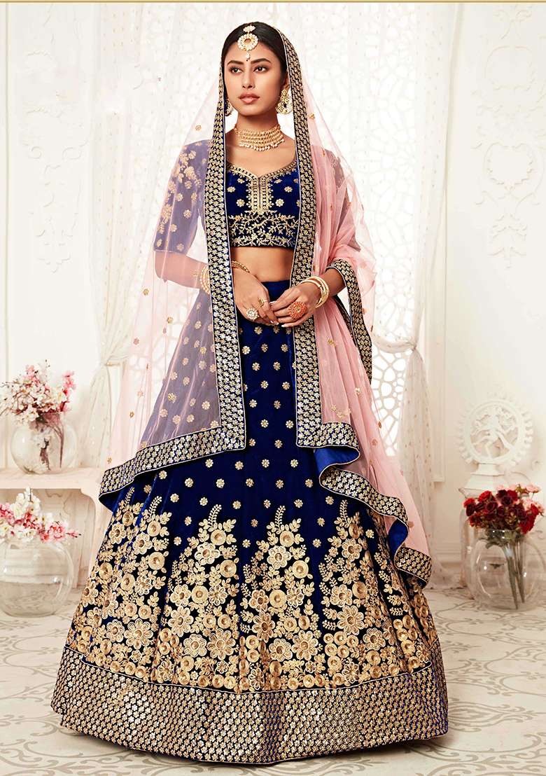 Blue Embroidered Velvet Lehenga Set - Indya