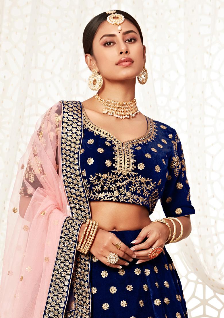 Blue Embroidered Velvet Lehenga Set - Indya