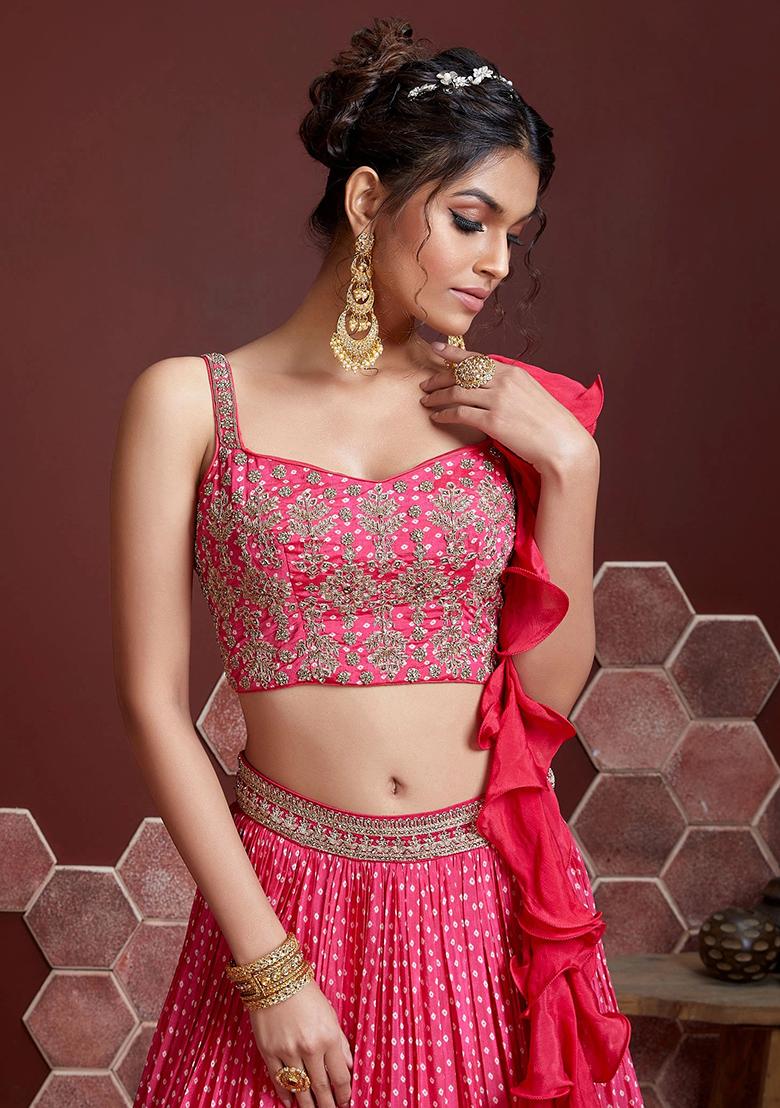 Pink Prirnted Chinnon Lehenga Set - Indya