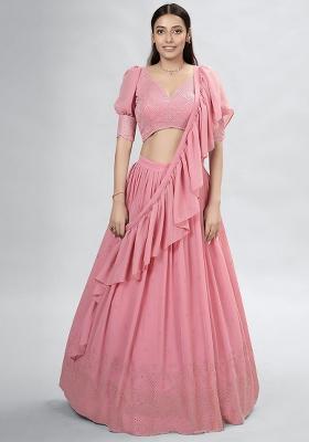 Pink Embroidered Georgette Lehenga Set