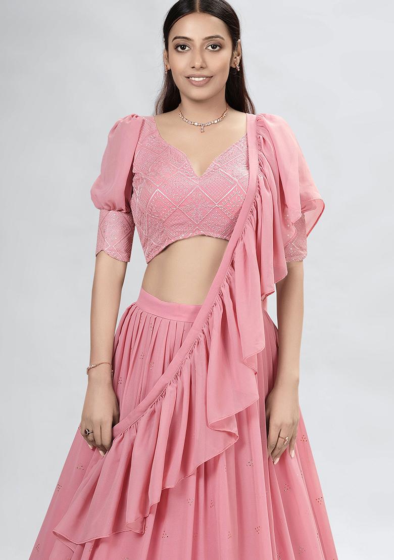 Pink Embroidered Georgette Lehenga Set - Indya