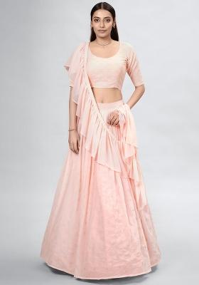 Peach Embroidered Georgette Lehenga Set