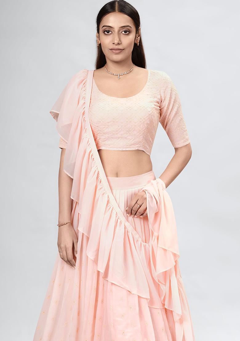 Peach Embroidered Georgette Lehenga Set - Indya