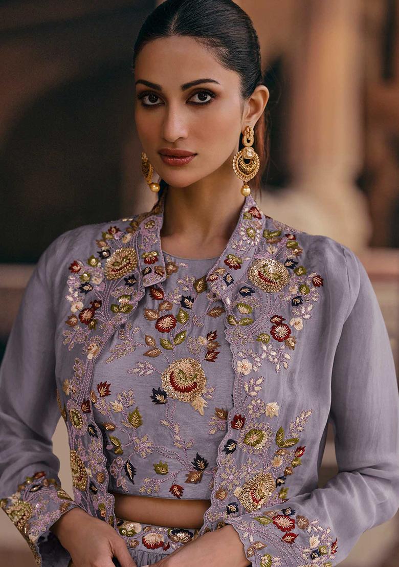 Lavender Embroidered Georgette Lehenga Set - Indya
