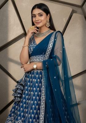 Blue Sequence Embroidery Stich Work Faux Georgette Lehenga Set