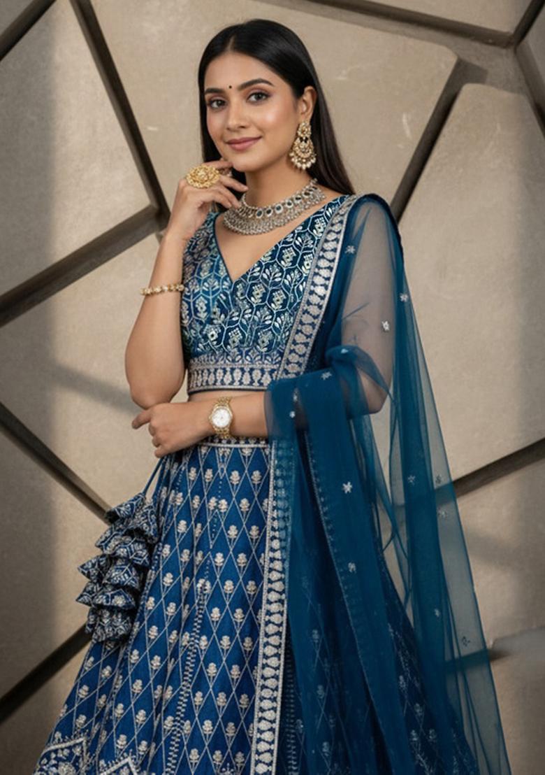 Blue Sequence Embroidery Stich Work Faux Georgette Lehenga Set