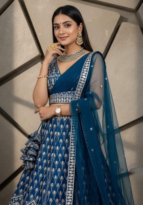 Blue Sequence Embroidery Stich Work Faux Georgette Lehenga Set