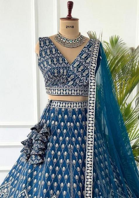 Blue Sequence Embroidery Stich Work Faux Georgette Lehenga Set