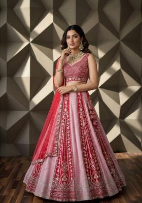 Red Light Pink Sequence Embroidery Stich Work Faux Georgette Lehenga Set