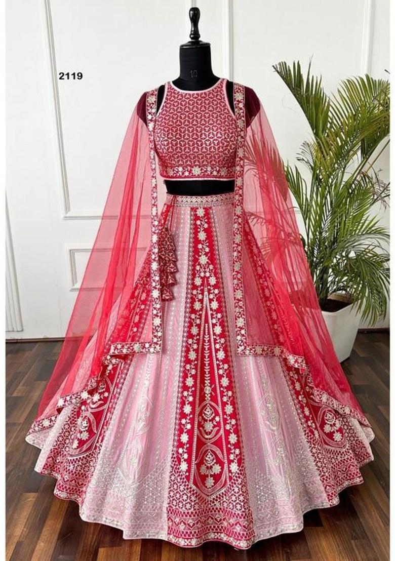 Red Light Pink Sequence Embroidery Stich Work Faux Georgette Lehenga Set