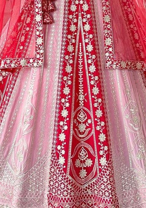 Red Light Pink Sequence Embroidery Stich Work Faux Georgette Lehenga Set