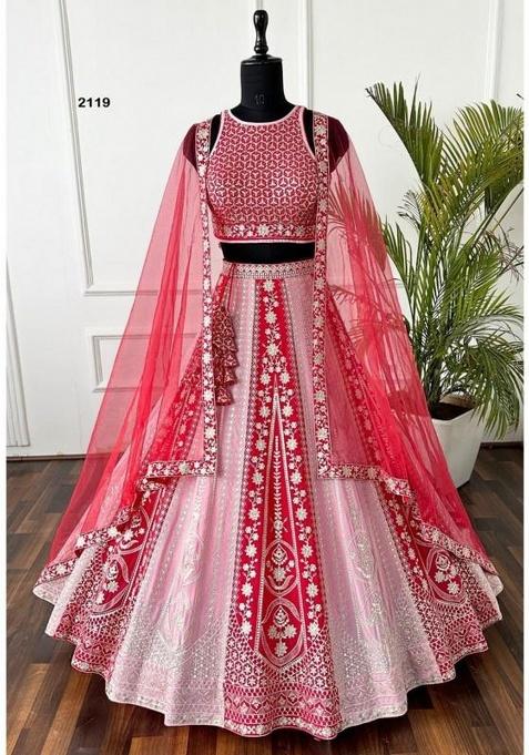 Red Light Pink Sequence Embroidery Stich Work Faux Georgette Lehenga Set