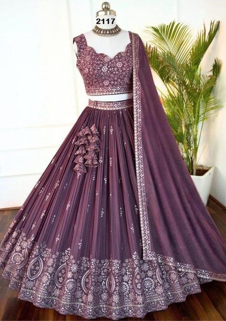 Rosy Sequence Embroidery Stich Work Faux Georgette Lehenga Set - Indya