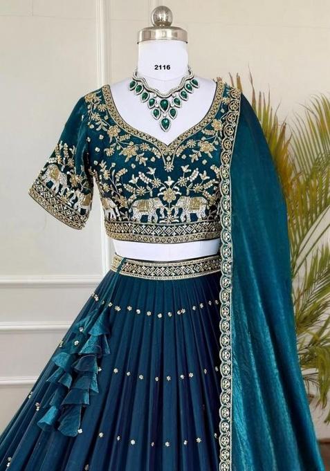 Blue Sequence Embroidery Stich Work Silk Lehenga Set