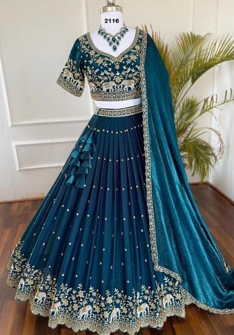 Blue Sequence Embroidery Stich Work Silk Lehenga Set