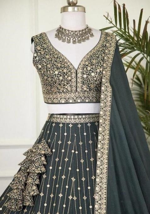 Green Sequence Embroidery Stich Work Faux Georgette Lehenga Set