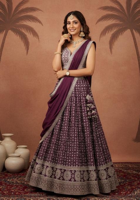 Dark Wine Sequence Embroidery Stich Work Faux Georgette Lehenga Set