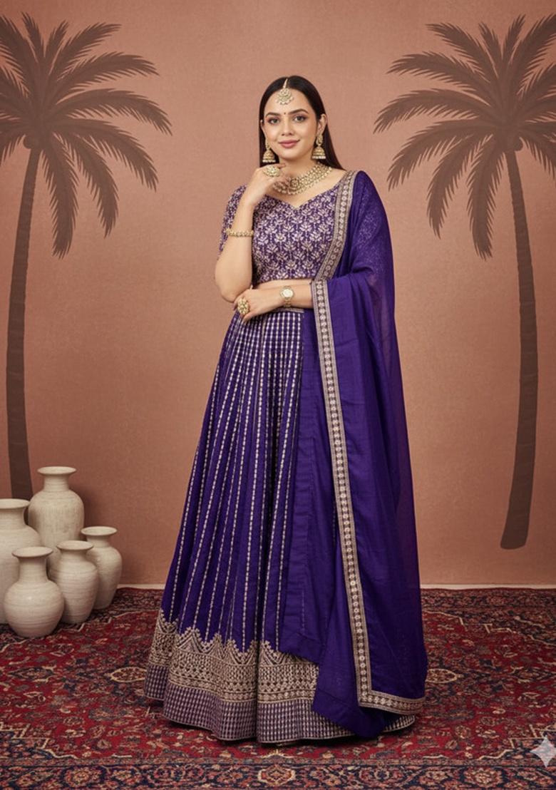 Blue Sequence Embroidery Stich Work Faux Georgette Lehenga Set