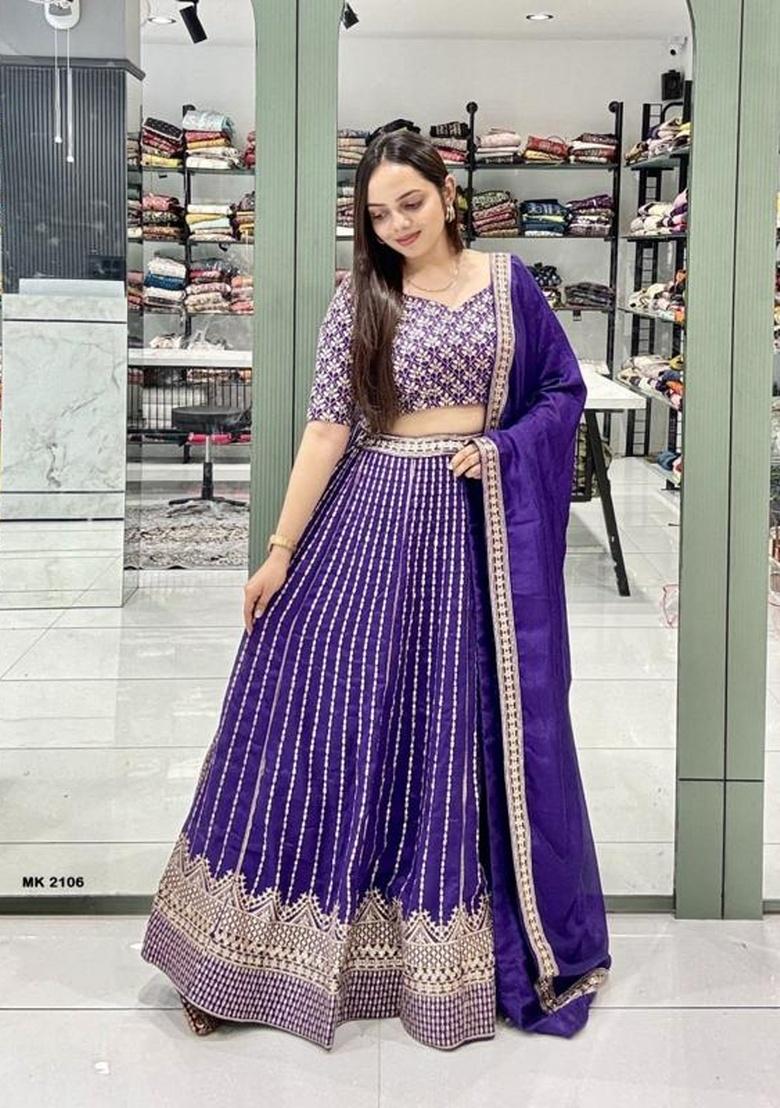 Blue Sequence Embroidery Stich Work Faux Georgette Lehenga Set - Indya