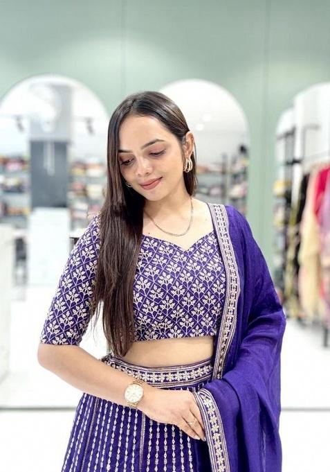 Blue Sequence Embroidery Stich Work Faux Georgette Lehenga Set