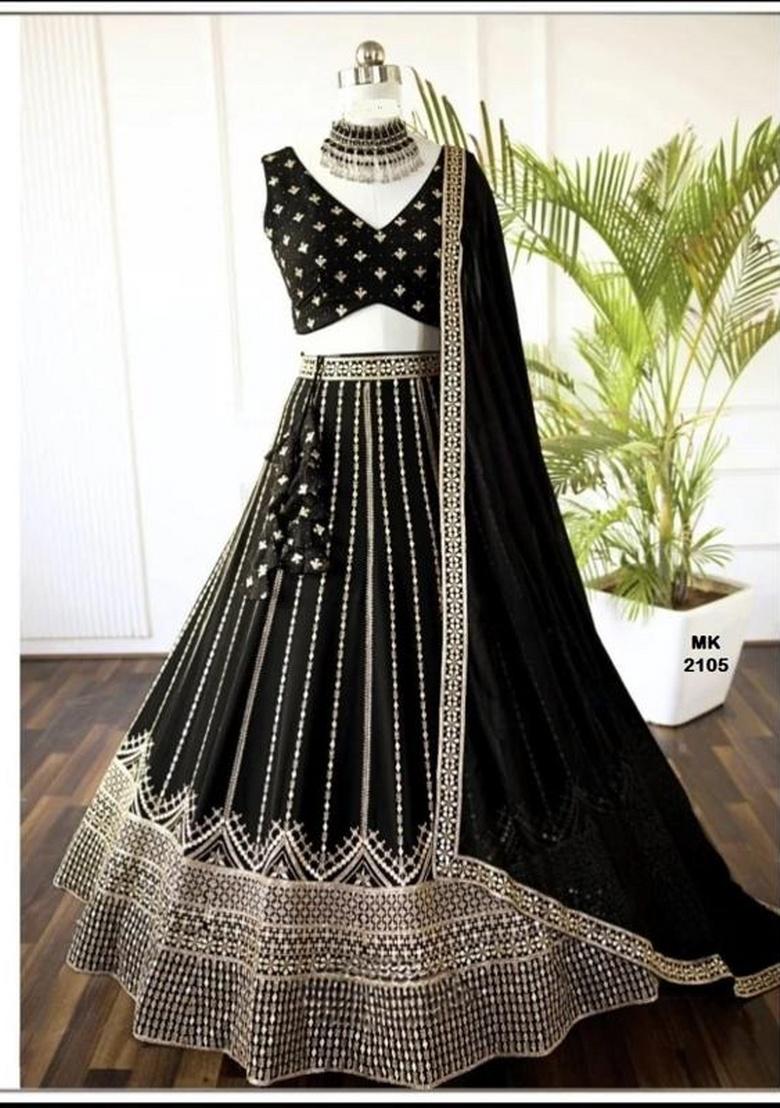 Black Sequence Embroidery Stich Work Faux Georgette Lehenga Set - Indya
