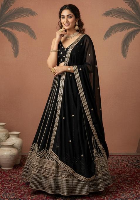 Black Sequence Embroidery Stich Work Faux Georgette Lehenga Set