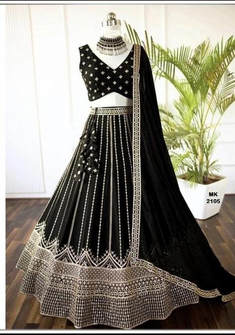Black Sequence Embroidery Stich Work Faux Georgette Lehenga Set