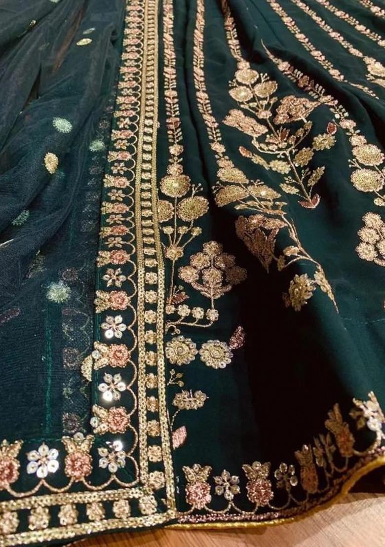 Green Sequence Embroidery Stich Work Faux Georgette Lehenga Set - Indya