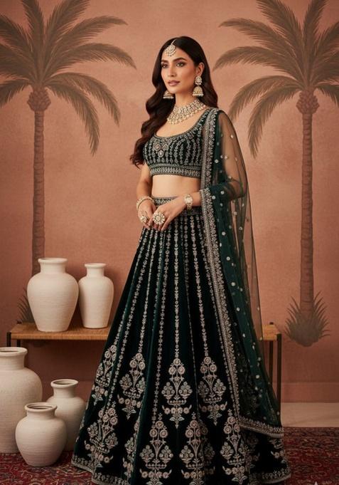 Green Sequence Embroidery Stich Work Faux Georgette Lehenga Set