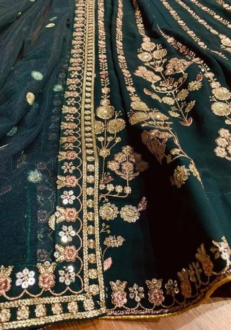 Green Sequence Embroidery Stich Work Faux Georgette Lehenga Set