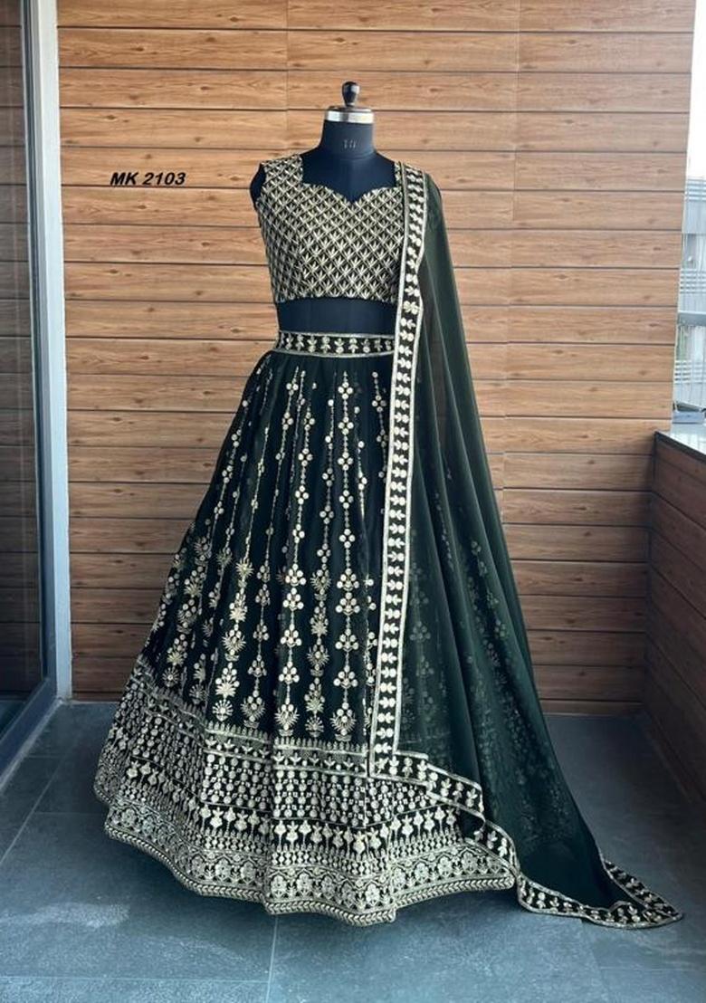 Green Sequence Embroidery Stich Work Faux Georgette Lehenga Set