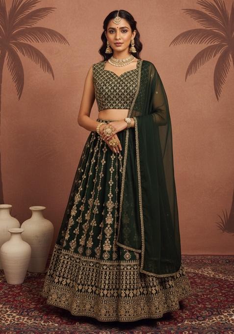 Green Sequence Embroidery Stich Work Faux Georgette Lehenga Set