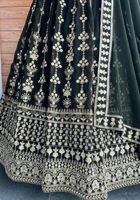 Green Sequence Embroidery Stich Work Faux Georgette Lehenga Set