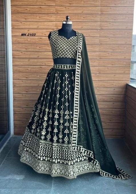 Green Sequence Embroidery Stich Work Faux Georgette Lehenga Set