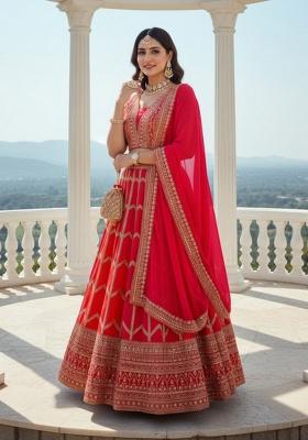 Orange Ton Sequence Embroidery Stich Work Faux Georgette Lehenga Set