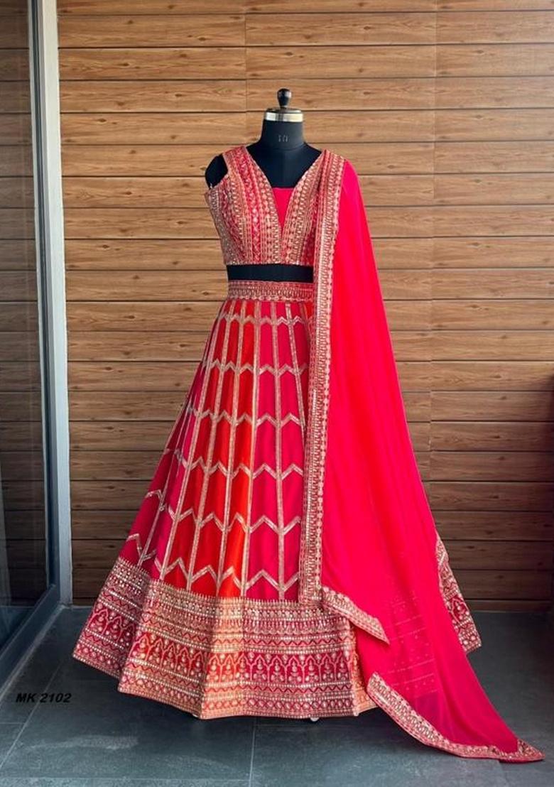 Orange Ton Sequence Embroidery Stich Work Faux Georgette Lehenga Set - Indya