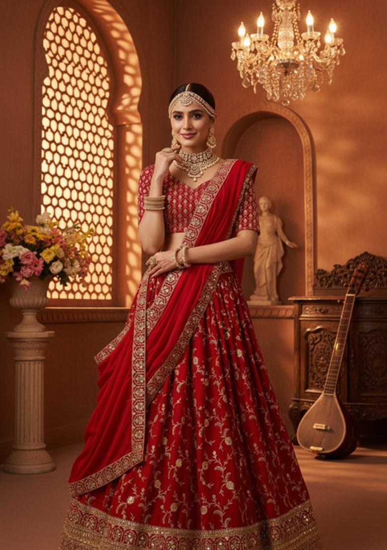 Red Sequence Embroidery Stich Work Faux Georgette Lehenga Set