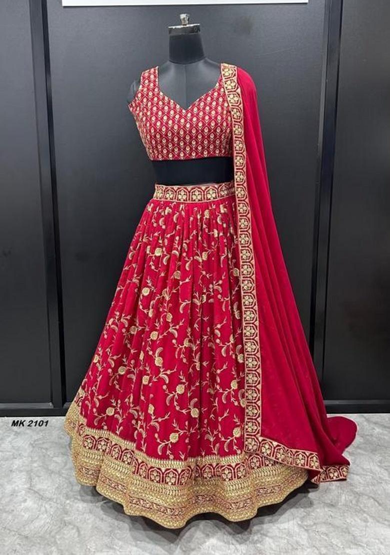 Red Sequence Embroidery Stich Work Faux Georgette Lehenga Set - Indya