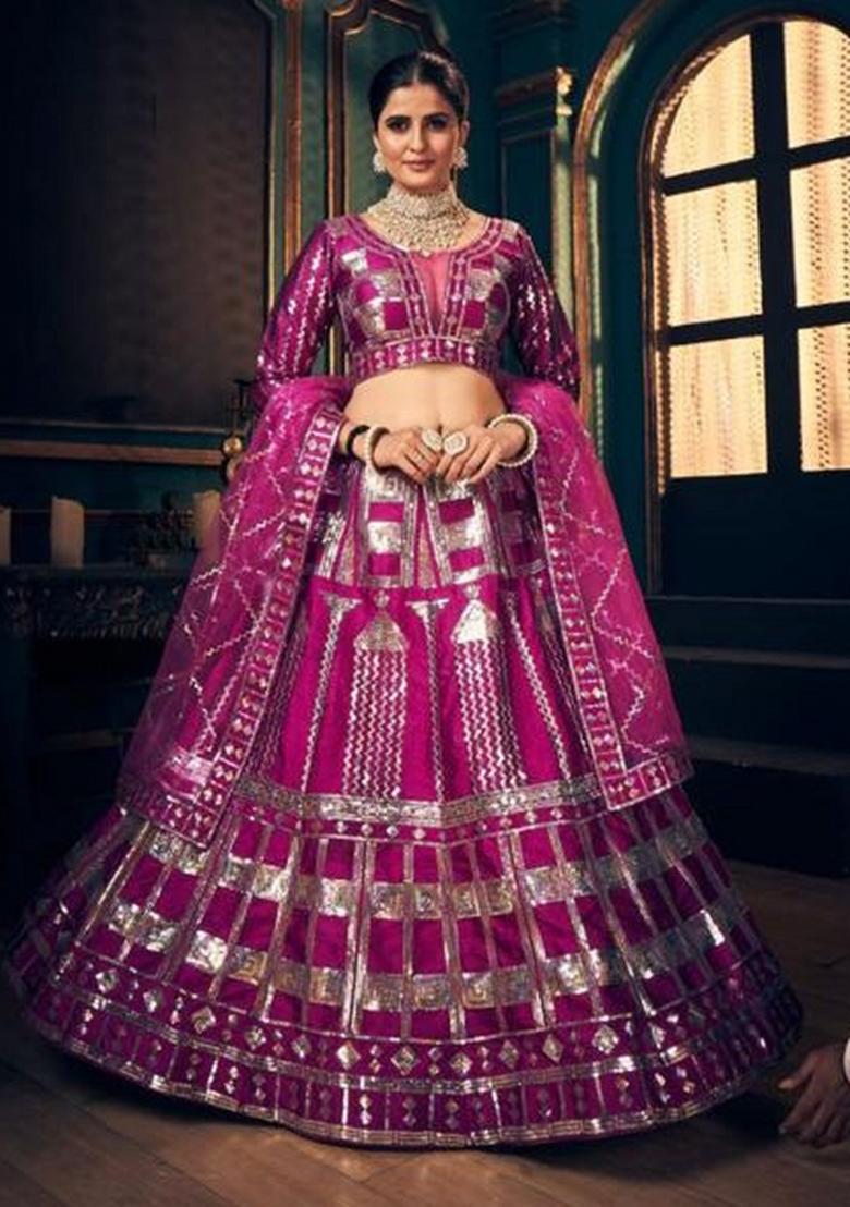 Rani Pink Sequence Embroidery Stich Work Silk Lehenga Set - Indya